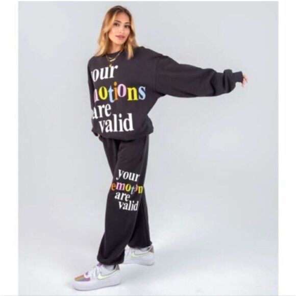 The Mayfair Group Your Emotions Are Valid Sweatshirt and Sweatpants Set in Gray - Picture 1 of 16